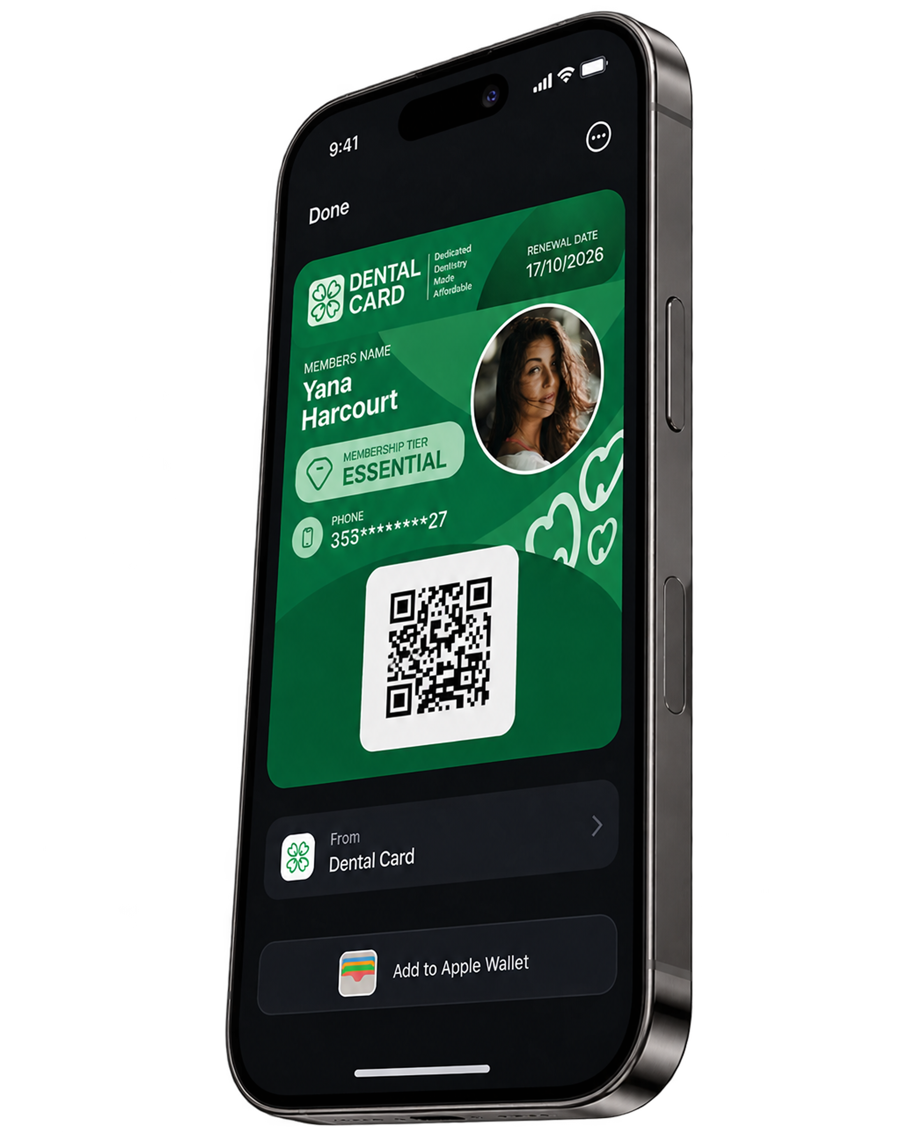 Dental Card app shown on a phone